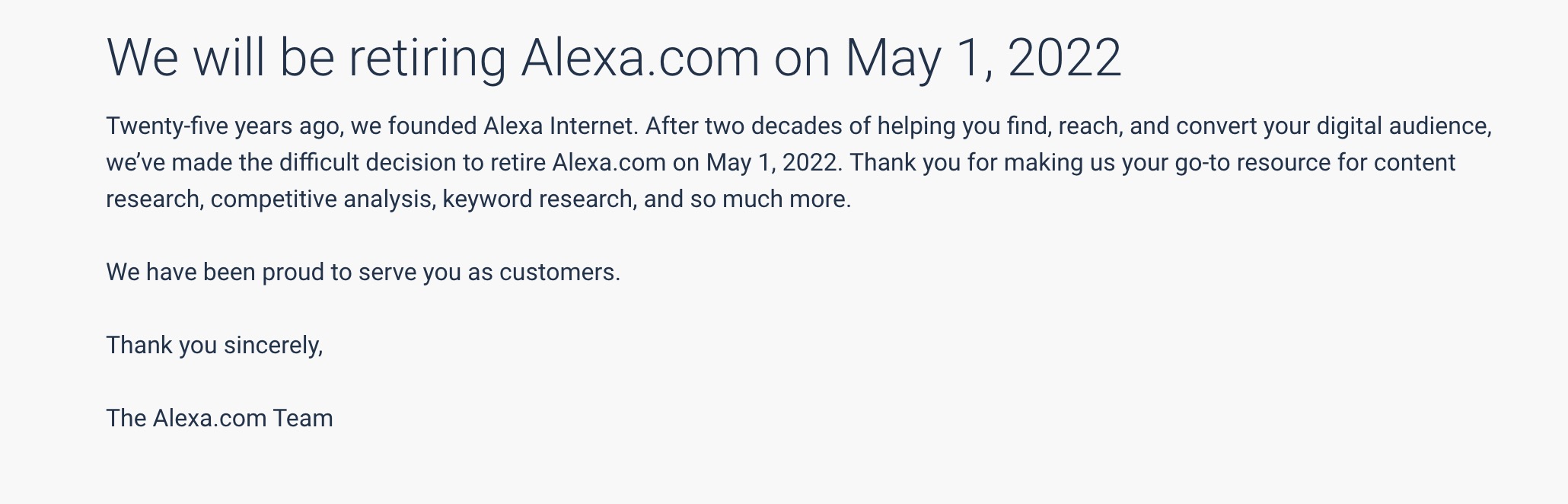 Alexa排名将于5月1日停用