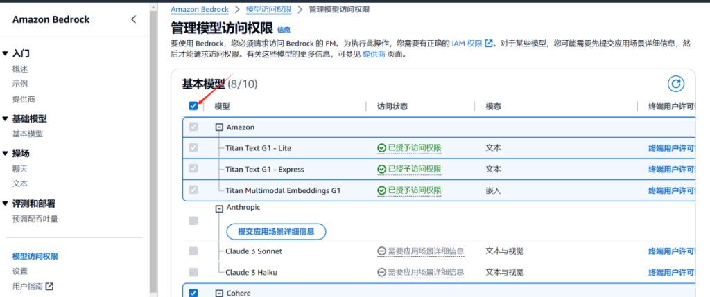 Amazon Bedrock 用户需要先请求访问模型